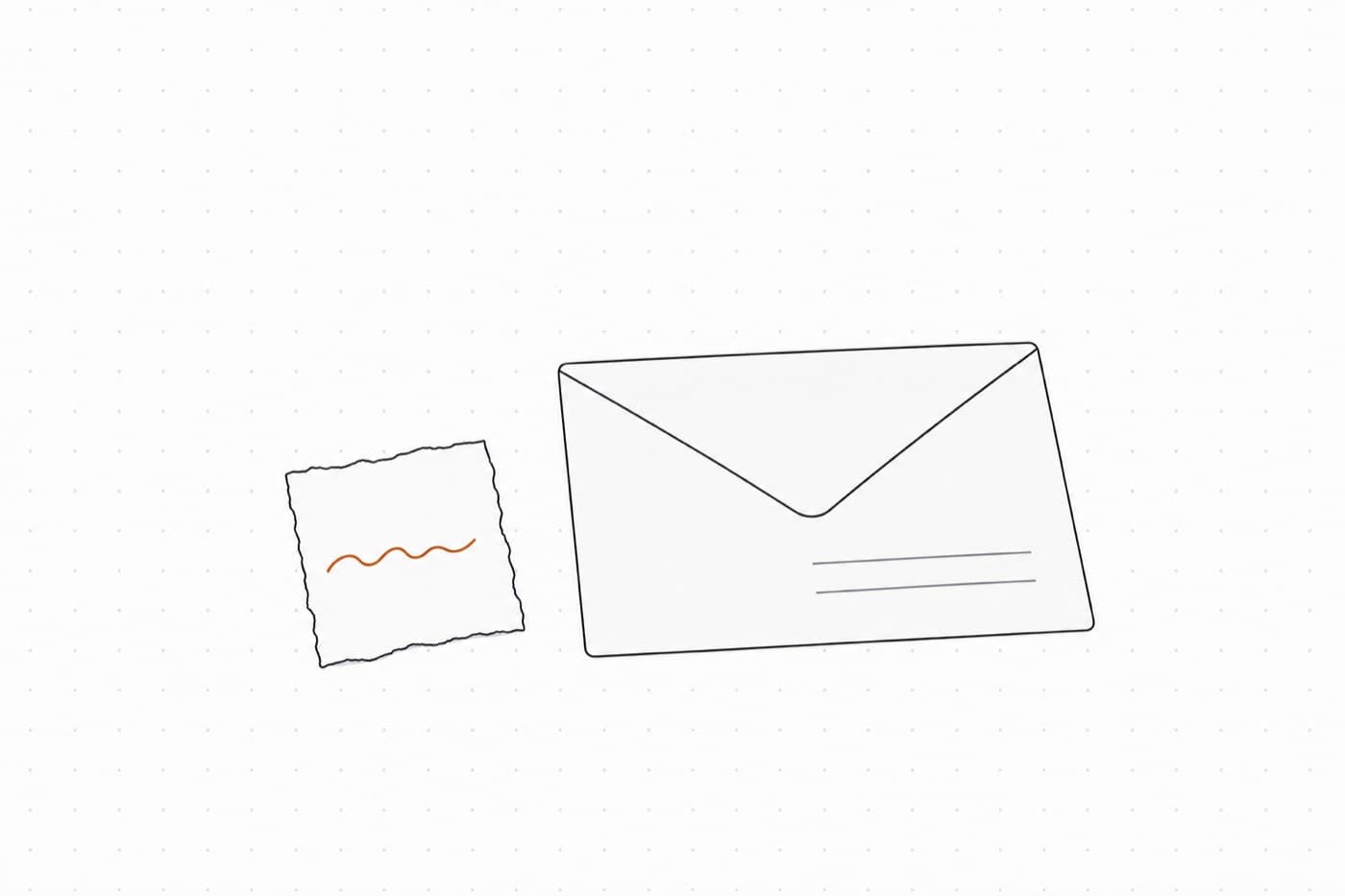 A flat illustration of two pieces of paper lying flat: a small torn scrap carrying one short amber pen stroke, and beside it a sealed envelope roughly three times its size.