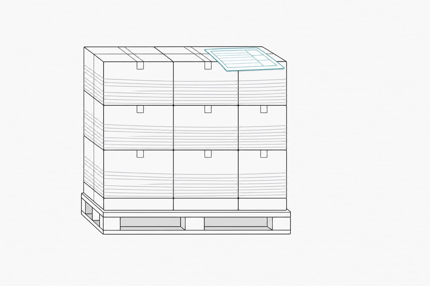 A flat illustration of a shrink-wrapped pallet of cartons seen side on, with a single ruled document lying slightly askew on top of the load, one corner overhanging.