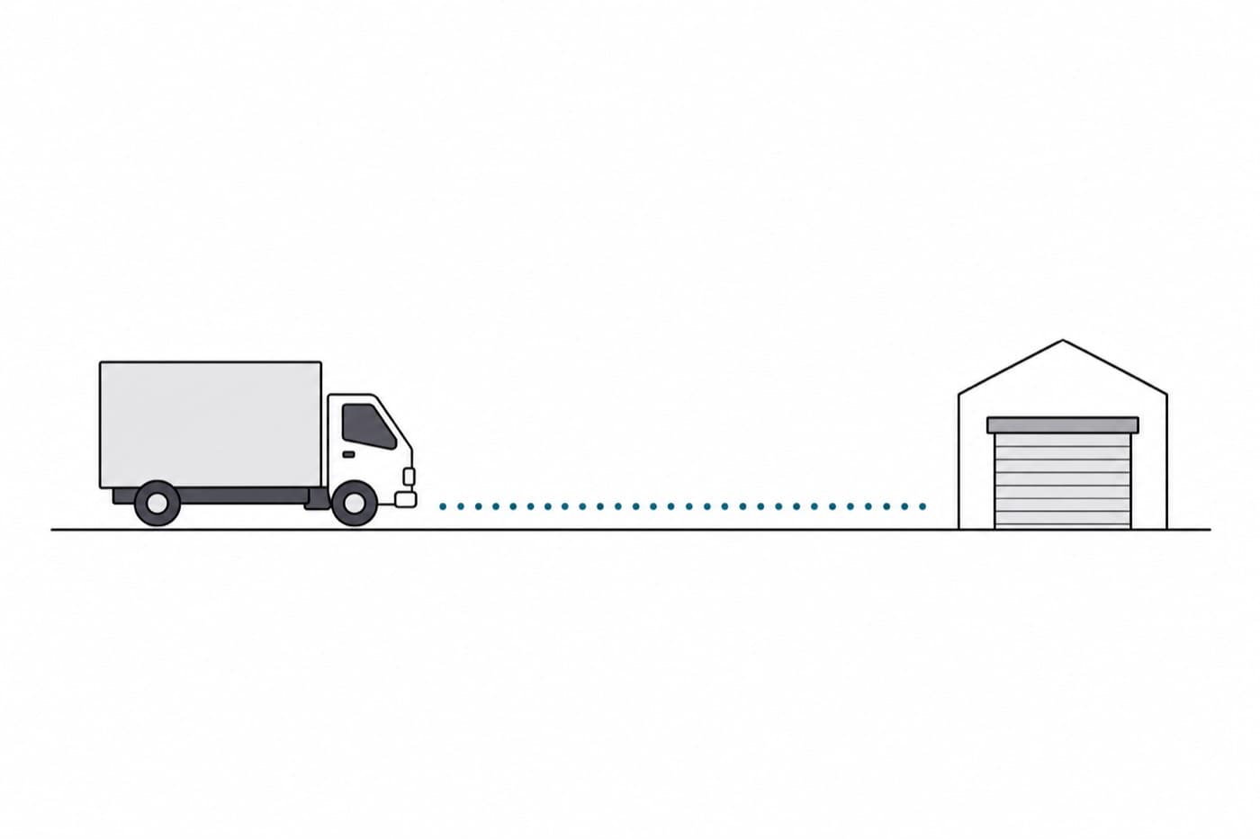 A flat illustration of a box truck on a ground line with a dotted line running ahead of it to a warehouse outline.