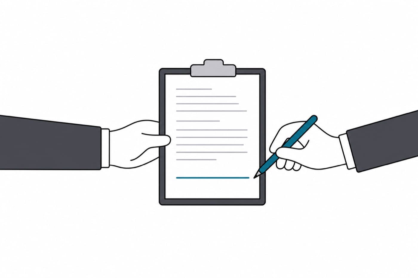 A flat illustration of a clipboard held out at arm's length by one hand, a second hand about to write on it, drawn from the side.