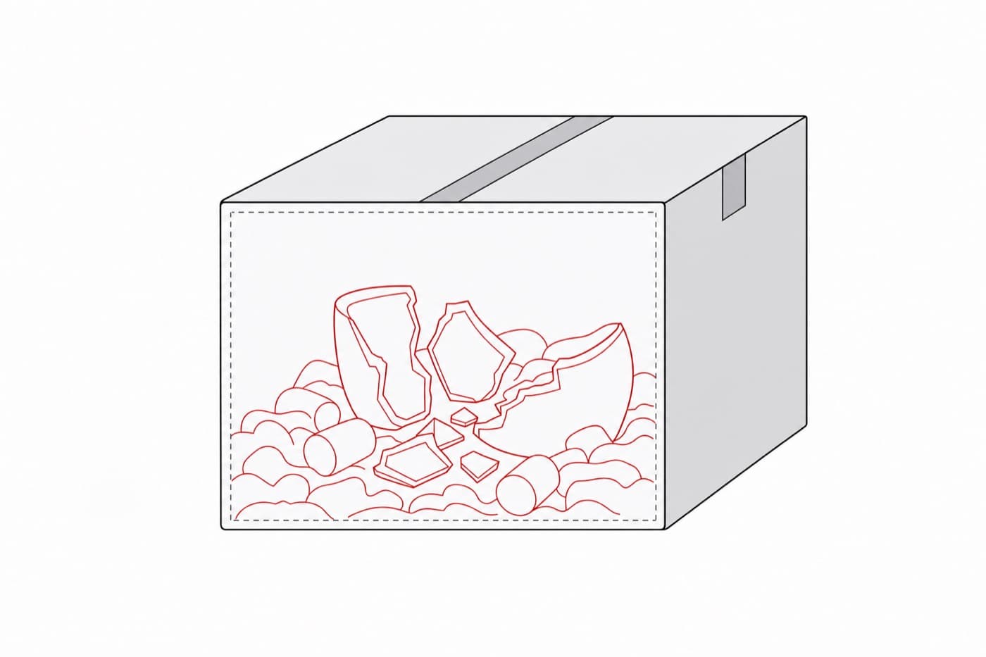 A flat illustration of a sealed carton drawn in outline with a ghosted view of fractured contents inside it, the outer surface unmarked.