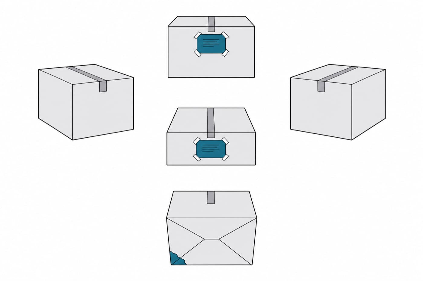 A flat illustration of one carton drawn six times in a loose ring, each drawing showing a different face of the same box.