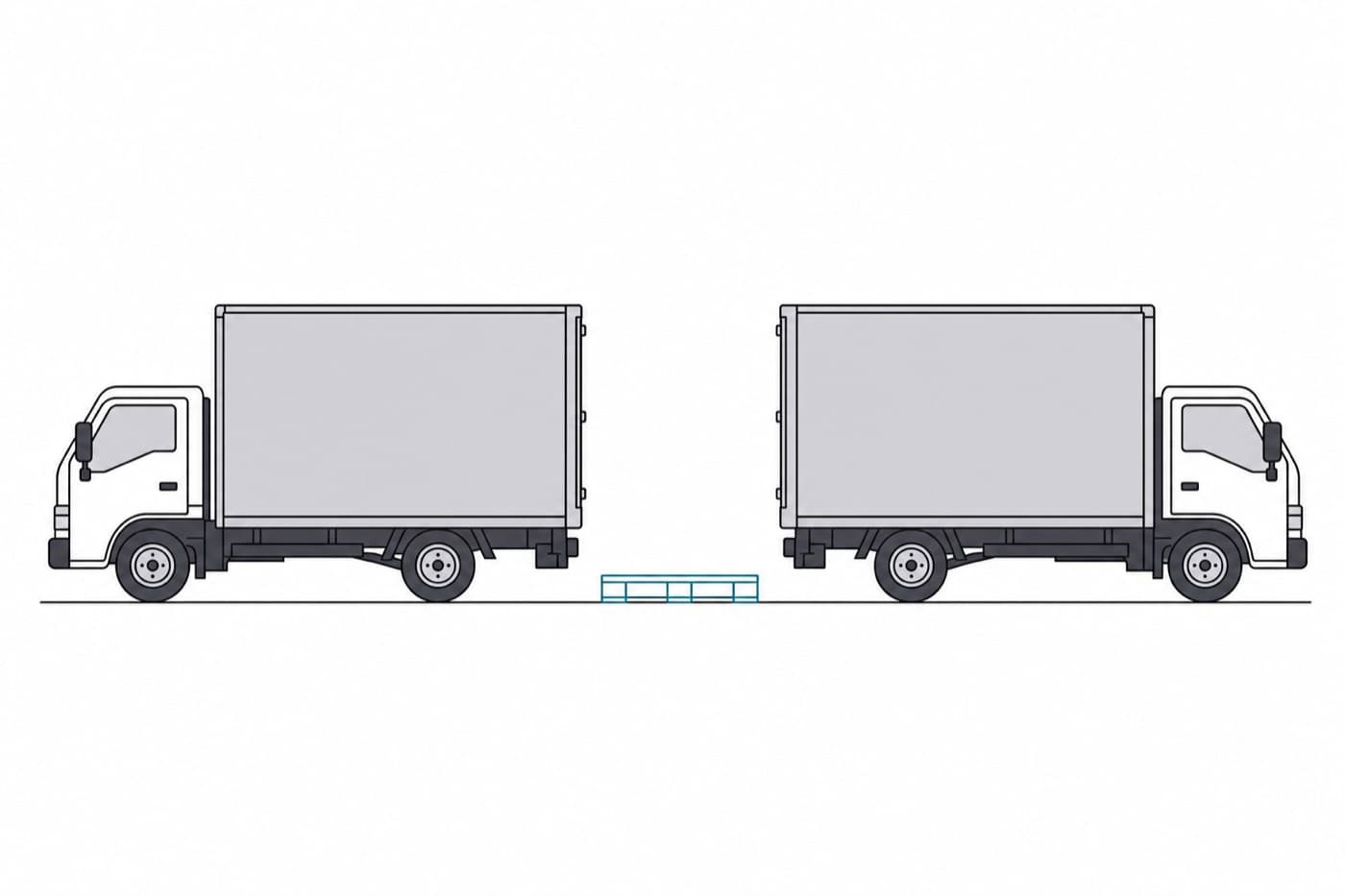 A flat illustration of two box trucks reversed toward each other with a single pallet on the ground in the gap between them.