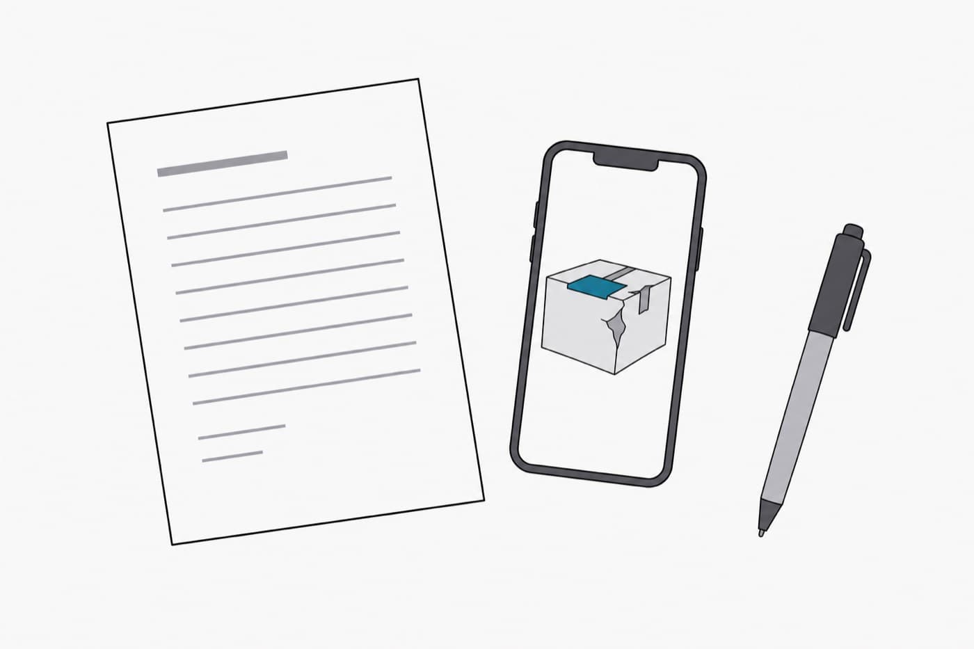 A flat illustration seen from above of a single sheet of paper on a plain desk with a phone beside it showing a photograph.