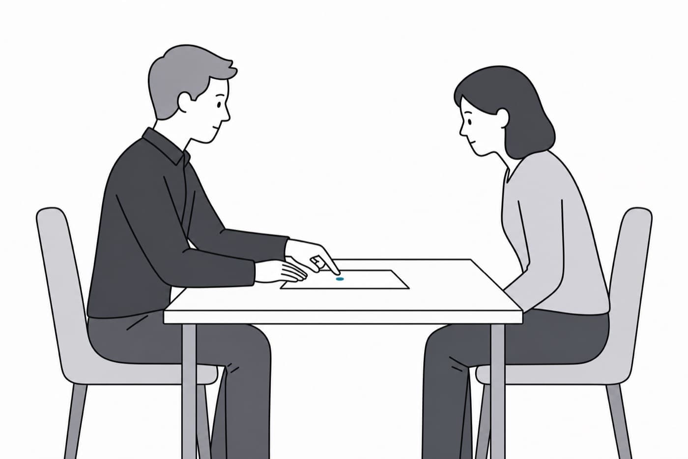 A flat illustration of two people seated either side of a table, seen from the side, one pointing at a sheet of paper lying between them.