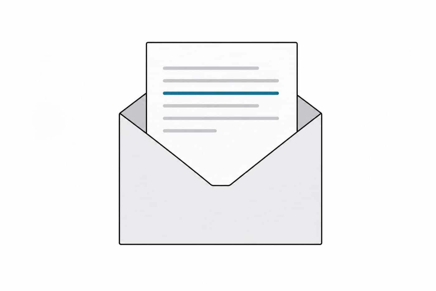A flat illustration of a plain envelope drawn straight on with its flap open and a document rising halfway out of it.
