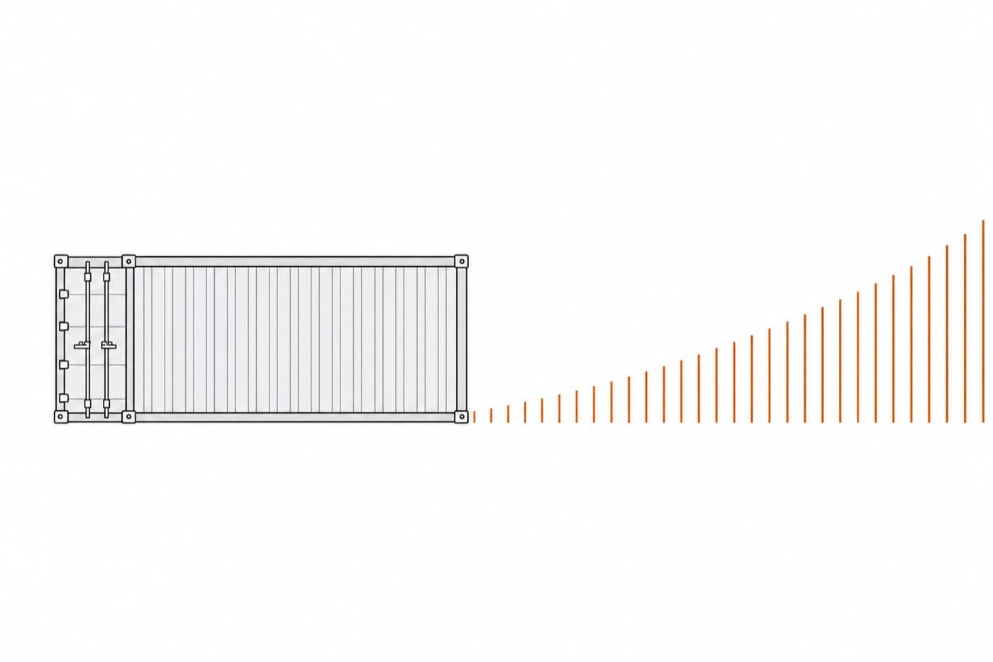 A flat illustration of a shipping container standing still, with a row of tally marks beside it growing taller as they run to the right.