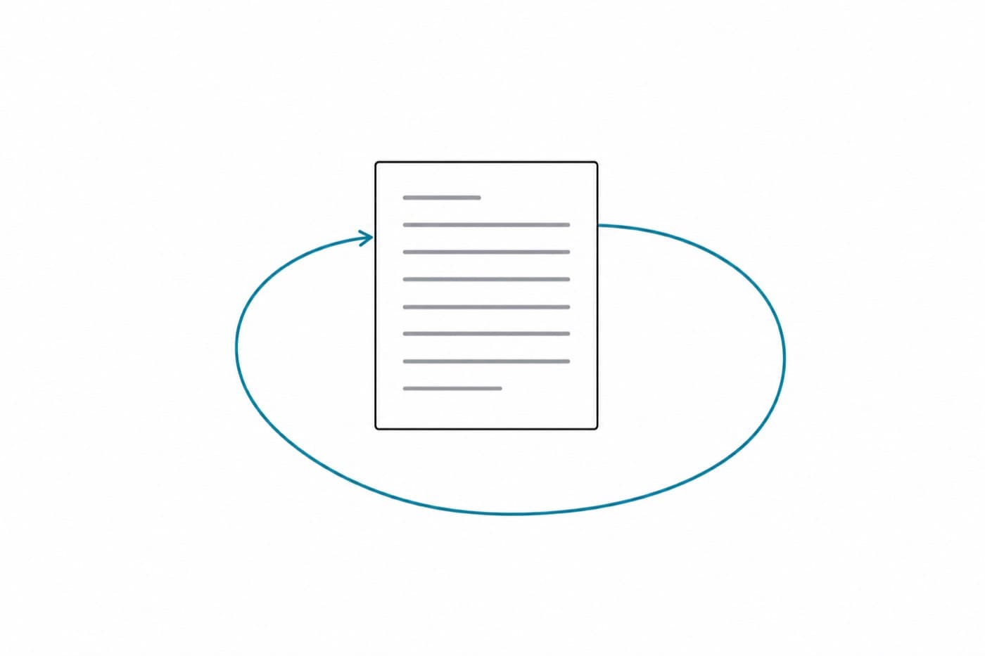 A flat illustration of a hand-drawn loop: an arrow leaving a document, curving around, and returning to the same document.