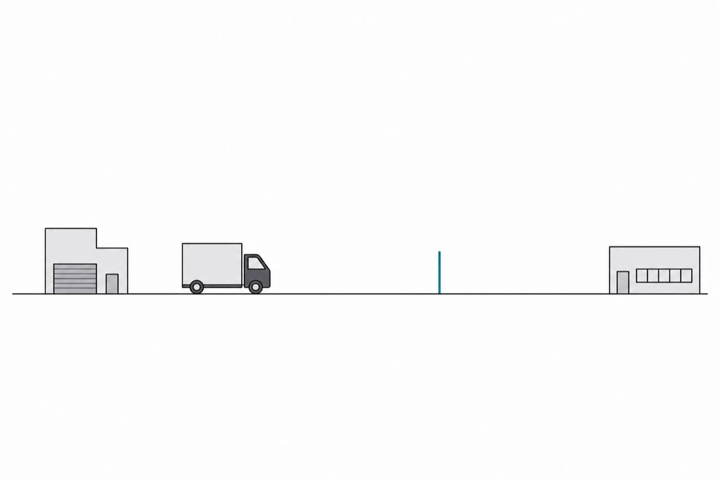A flat illustration of a long horizontal road line with a small truck on it, a building at each end, and a single vertical marker standing on the line between them.