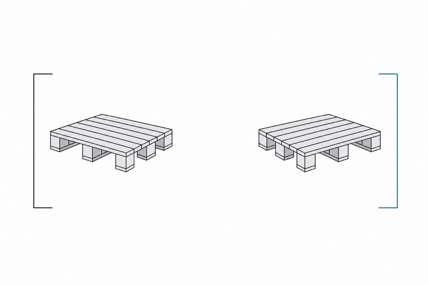 A flat illustration of the same pallet drawn twice on one baseline, each enclosed in a large square bracket, the left bracket opening leftward in black and the right one opening rightward in teal.