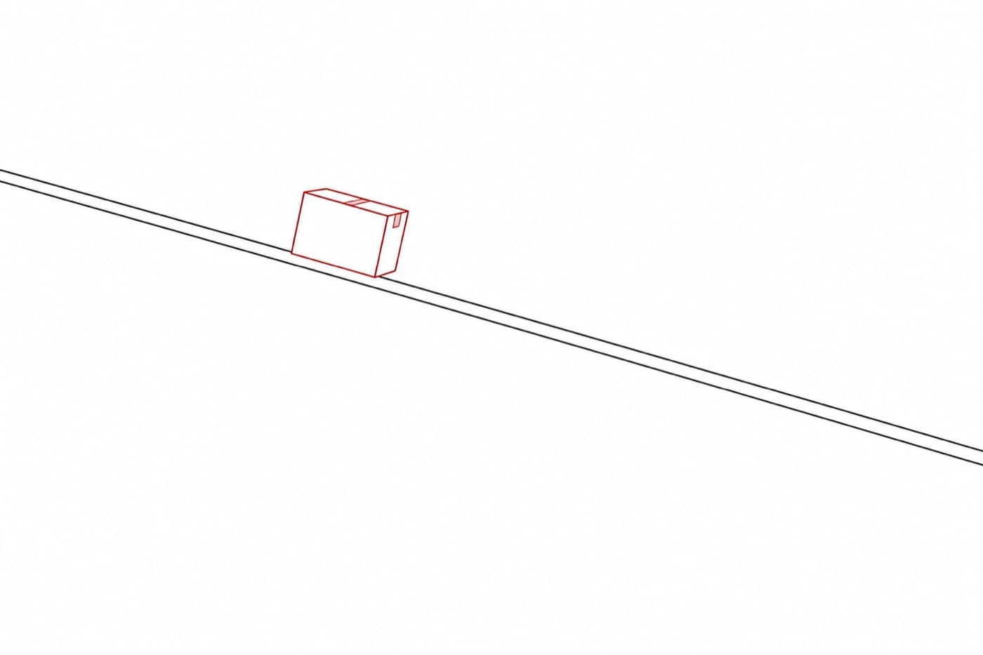 A flat illustration of a long shallow ramp seen from the side with a single carton part way down it, tilted as though it has started to slide.