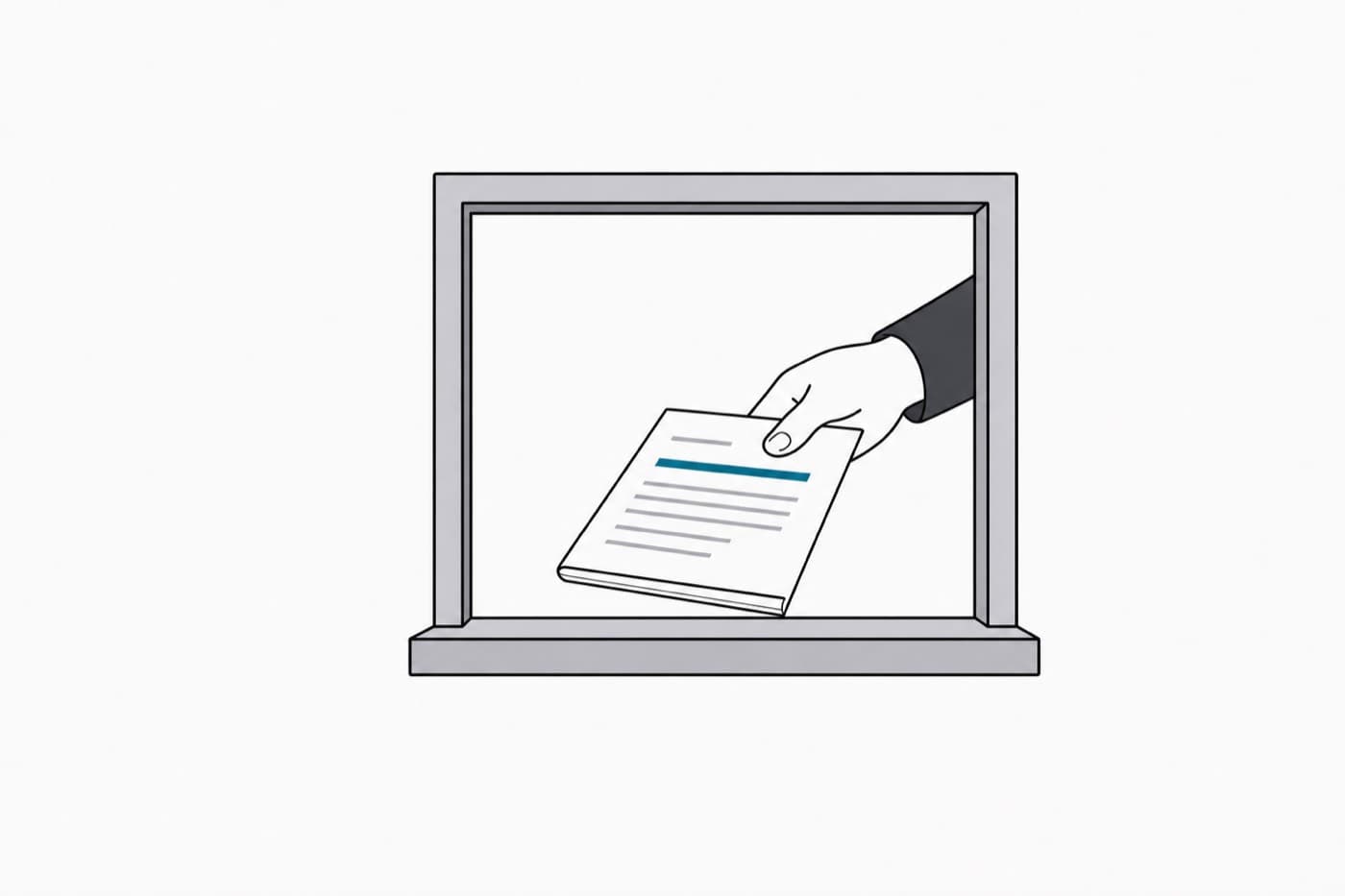 A flat illustration of a hand reaching through a small serving hatch in a plain wall, holding out a folded document.