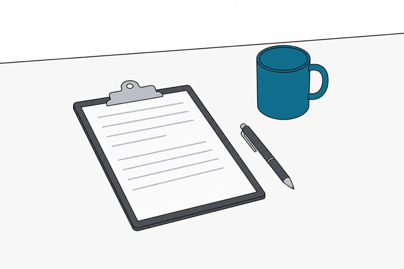 A flat illustration seen from a high angle of a clipboard lying on a bench with a pen beside it and a mug set back to one side.