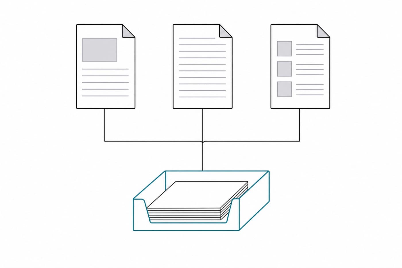 A flat illustration of three documents above a wire filing tray, a line running down from each into the tray.