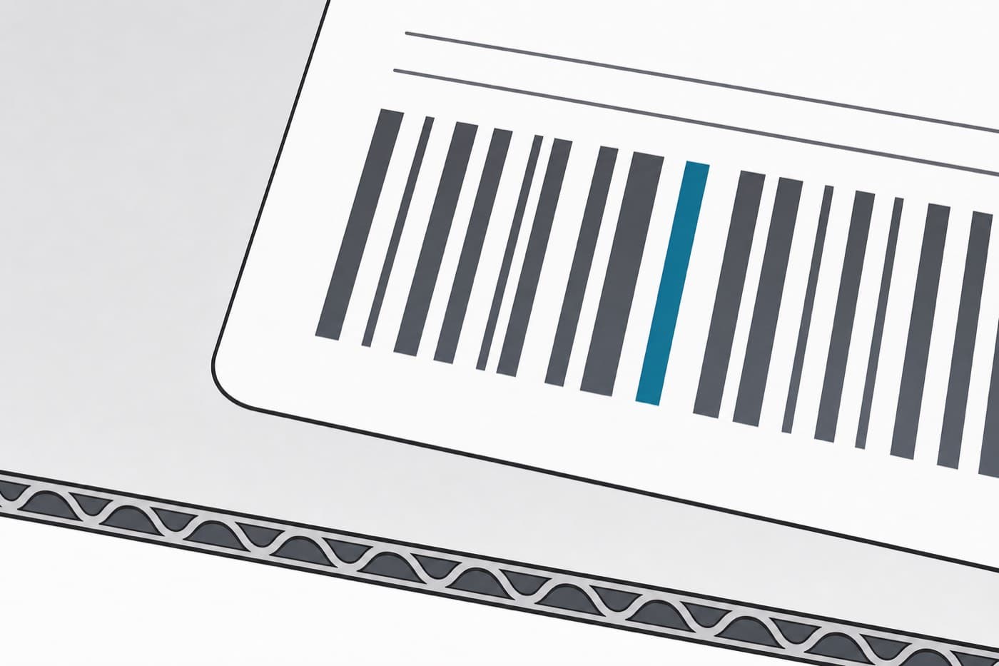A flat illustration in extreme close-up of an adhesive label on corrugated card, showing a block of abstract vertical bars.