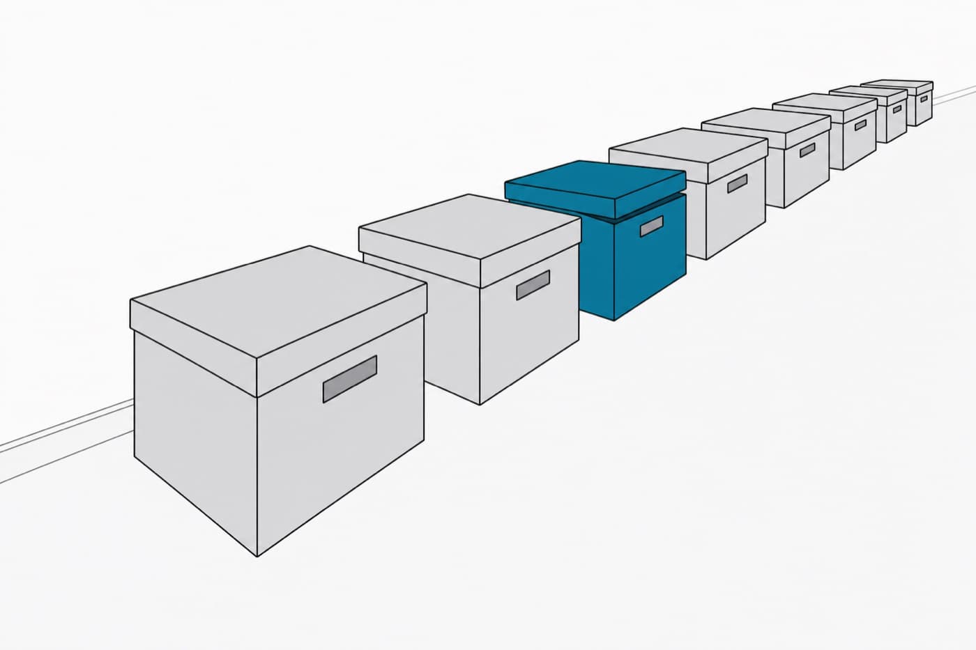 A flat illustration at floor level of a row of lidded archive boxes receding diagonally into the distance, one of them with its lid ajar.