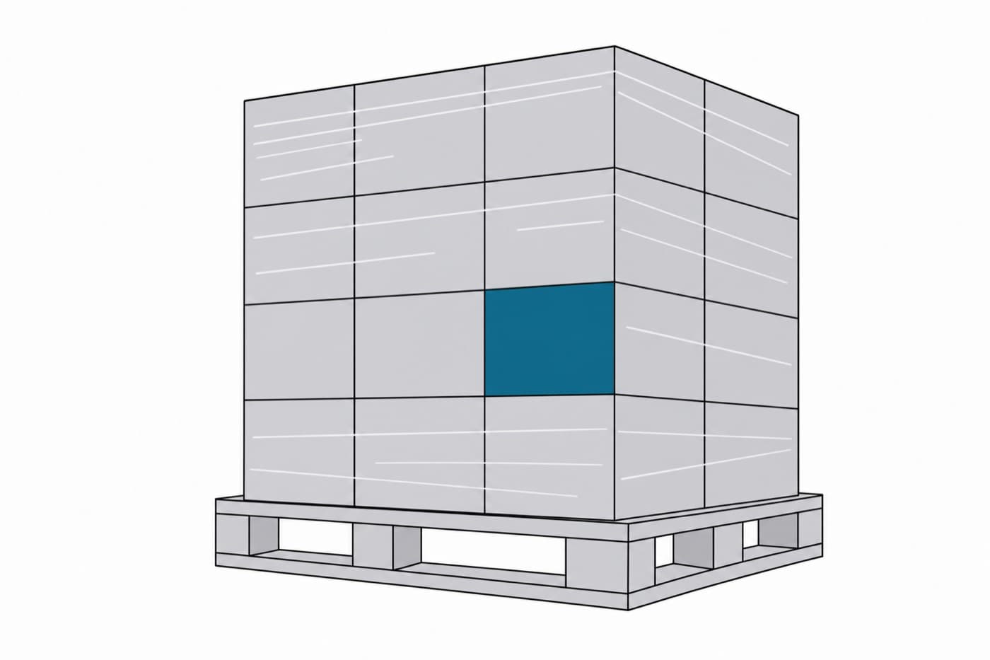A flat illustration of a wrapped pallet drawn from a low three-quarter angle, its layers separated by faint horizontal lines running around the stack.
