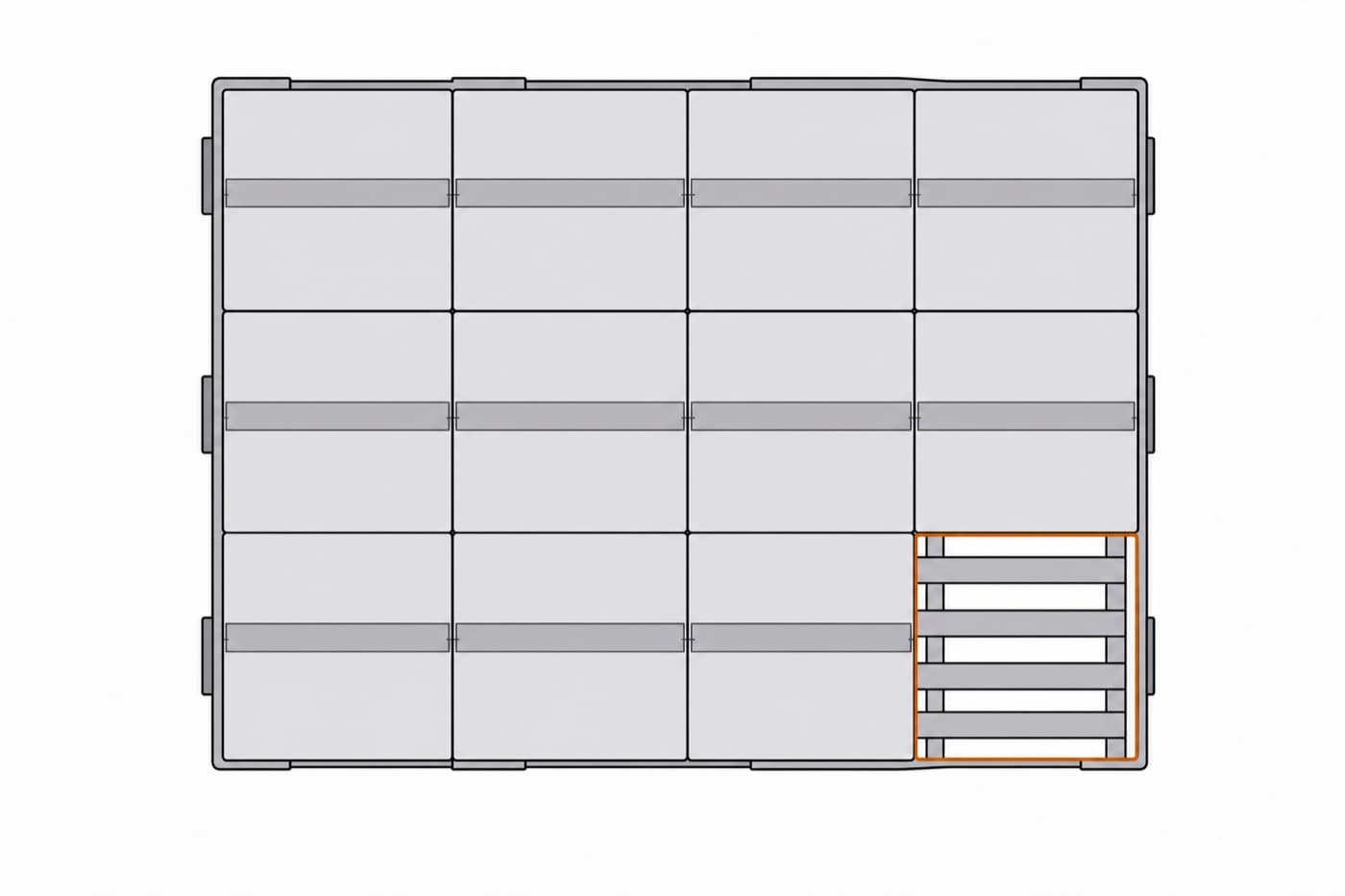 A flat illustration seen from directly overhead of a rectangular arrangement of cartons in a neat grid with one position at the edge left empty.