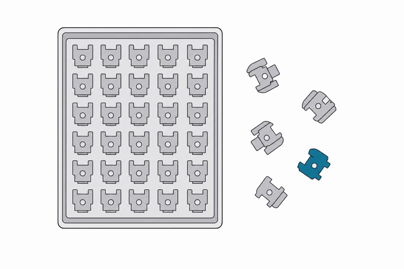 A flat illustration seen from overhead of a tray of identical parts with five tipped out and scattered beside it.