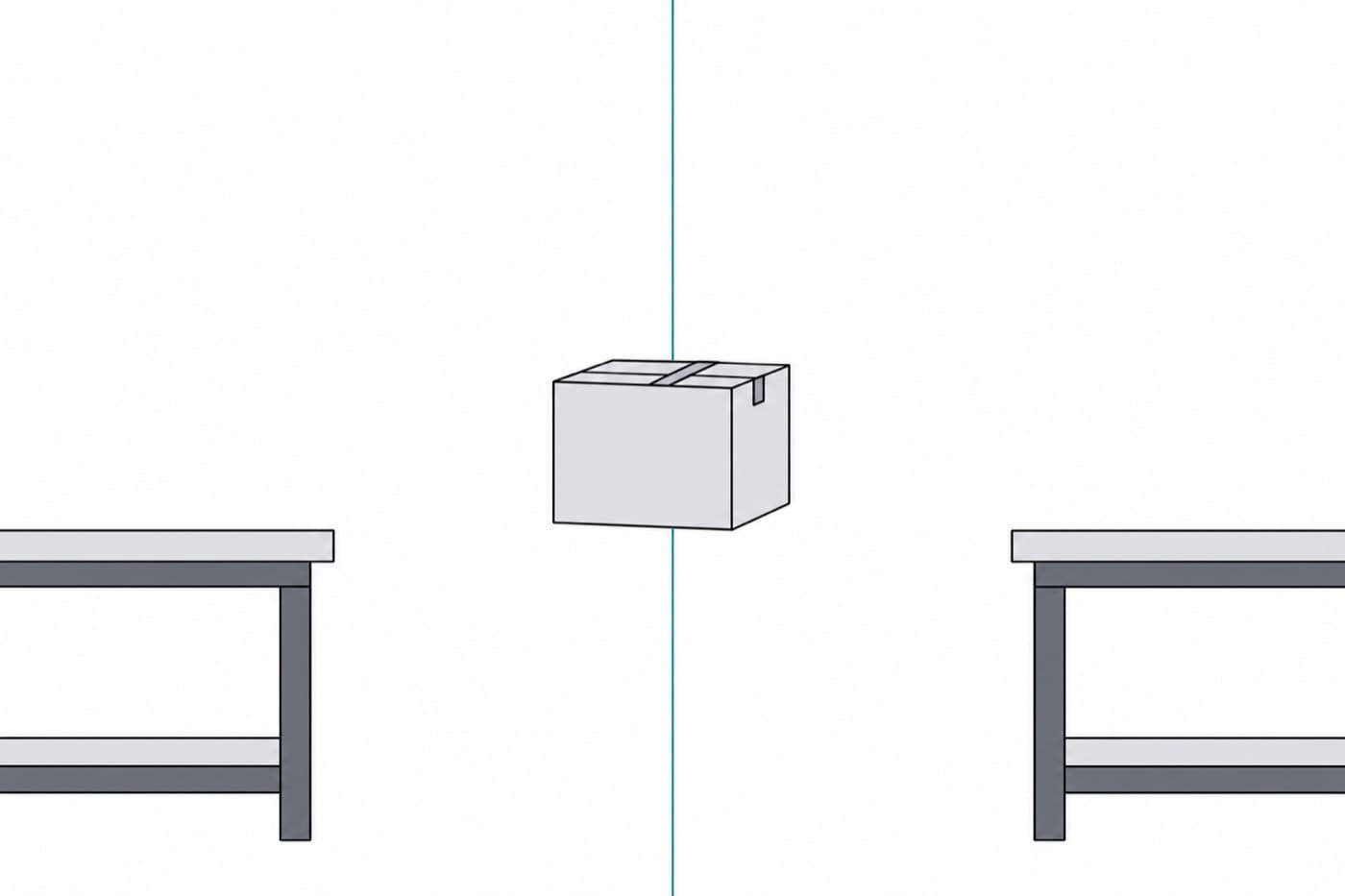 A flat illustration of a crate suspended in the gap between two platforms, with a single vertical line running through its centre.