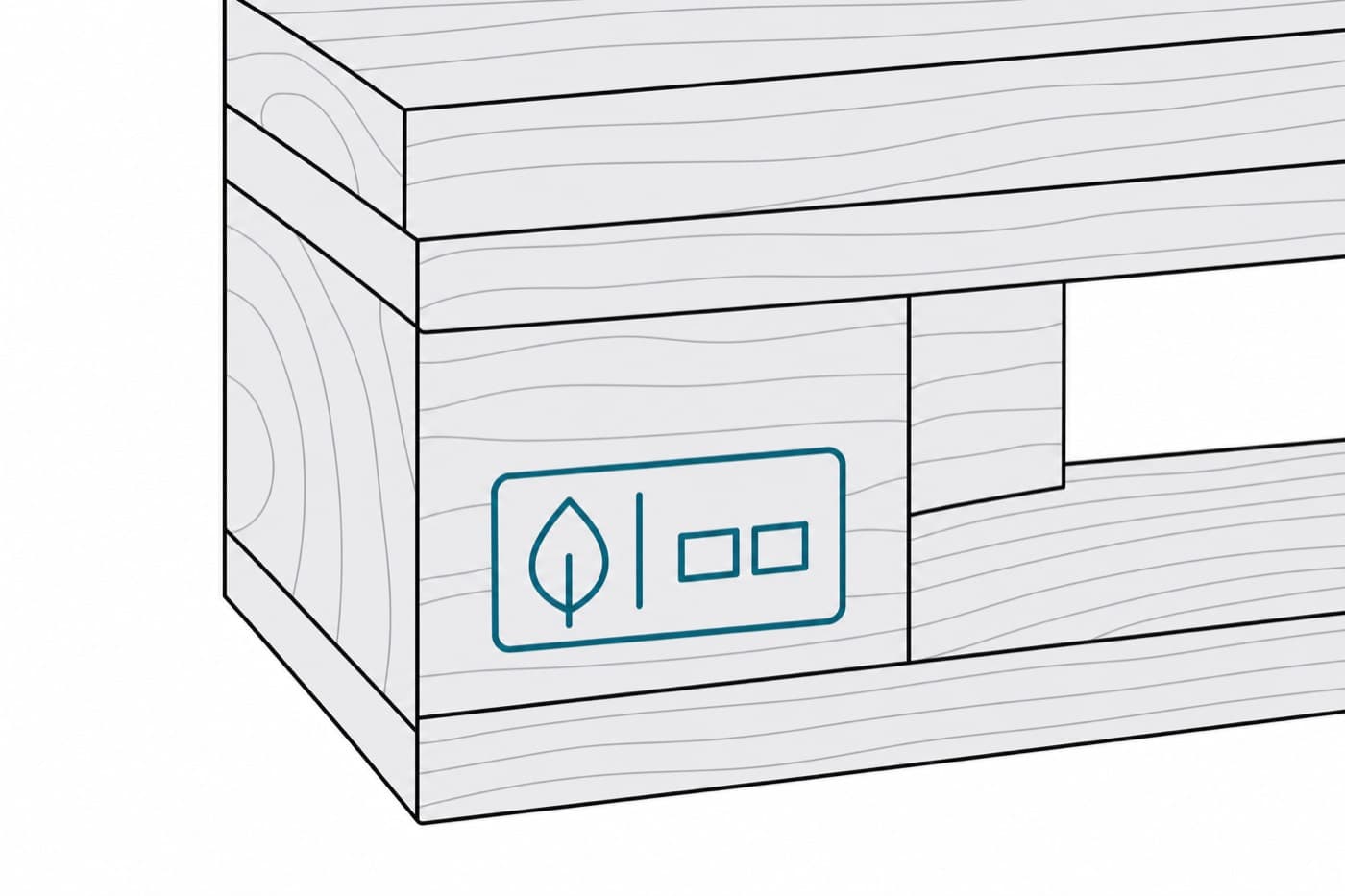 A flat illustration in extreme close-up of a wooden pallet block with a small rectangular stamp burned into it containing abstract marks.