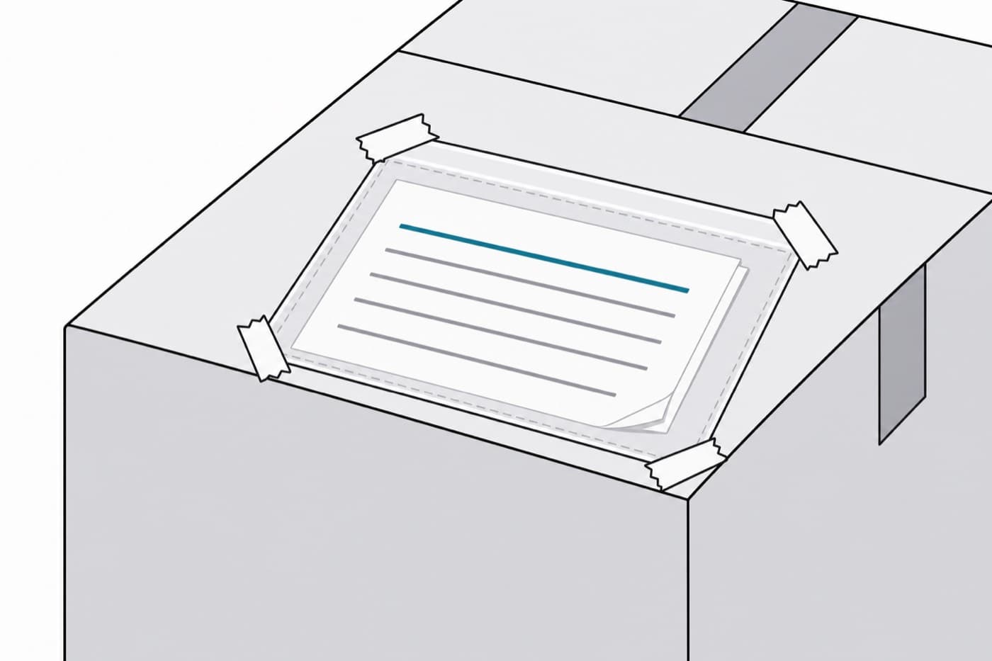 A flat illustration close up on the corner of a carton with a clear document pouch taped to it, a folded sheet visible inside.