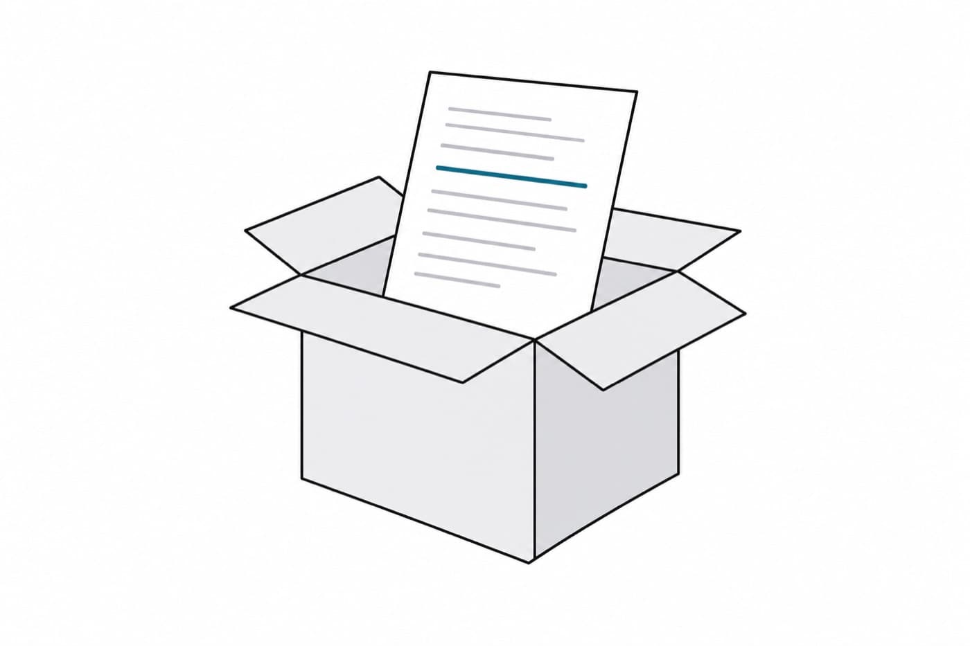 A flat illustration of an open carton with its flaps folded back and a single sheet of paper rising out of the opening at an angle.