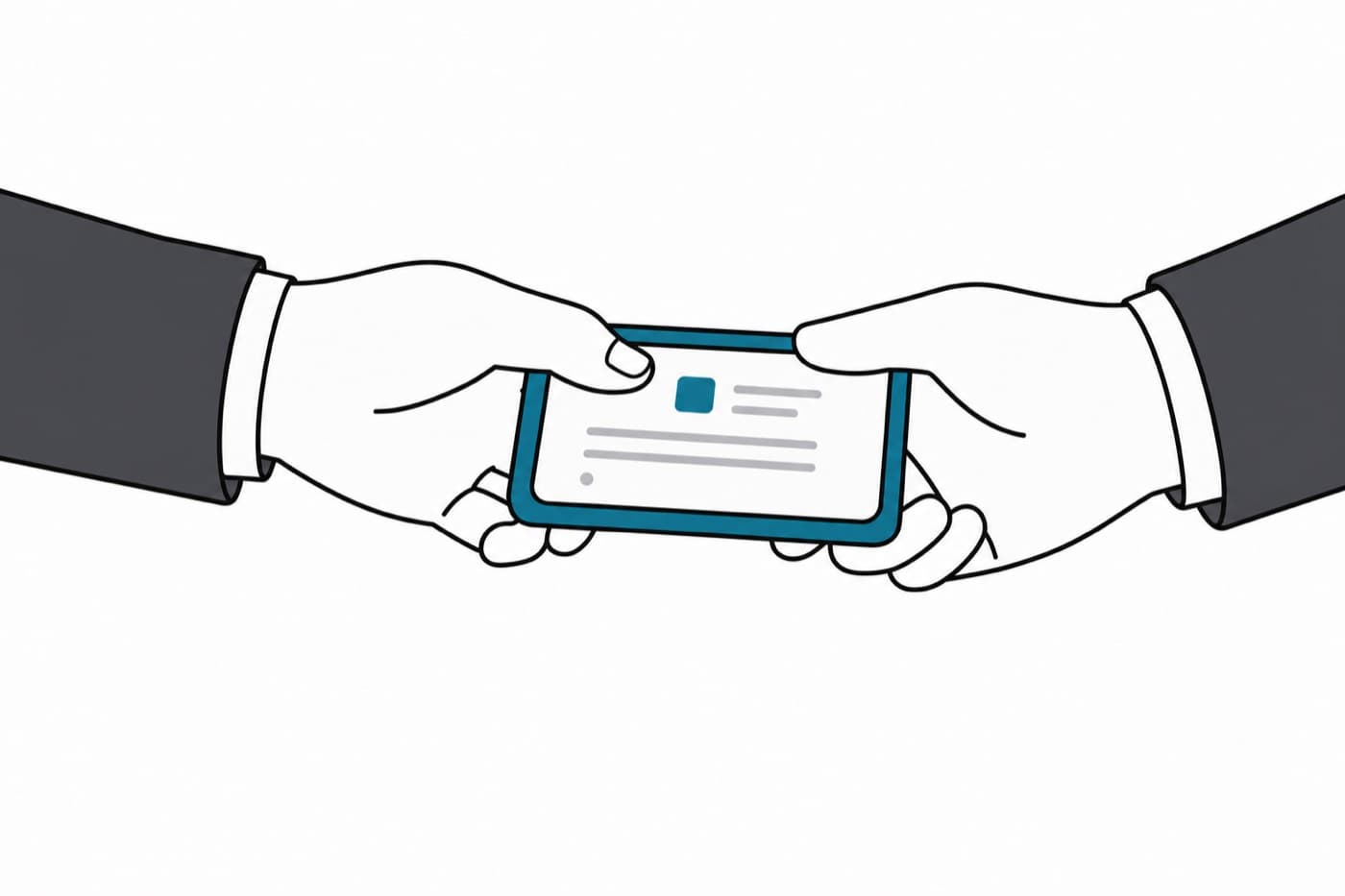 A flat illustration of two hands meeting across the frame, one passing a small handheld device to the other.