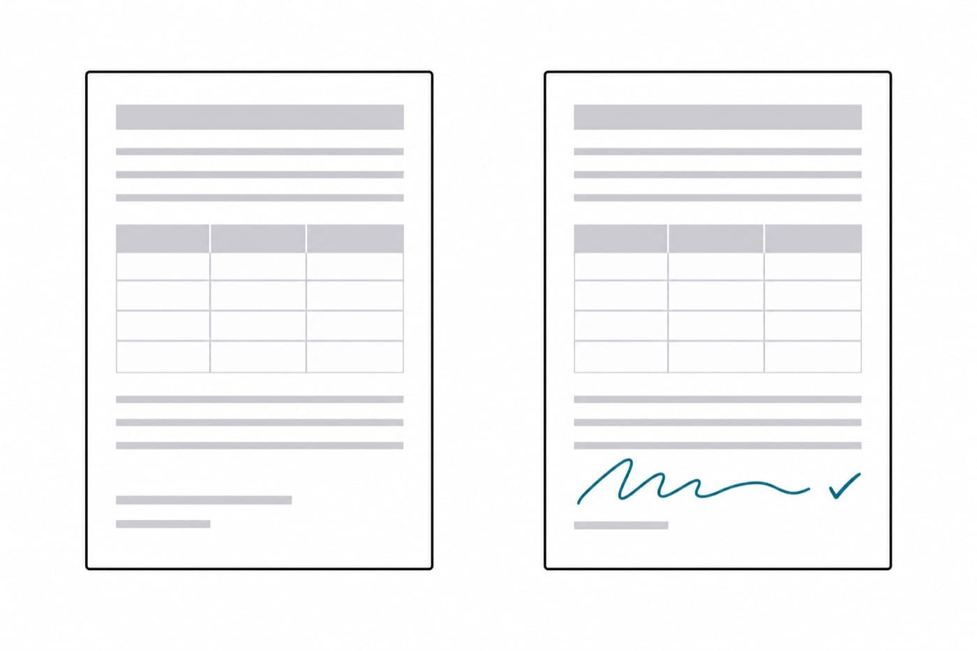 A flat illustration of two identical blank forms side by side, the left one plain, the right one carrying a single handwritten mark across its lower section.