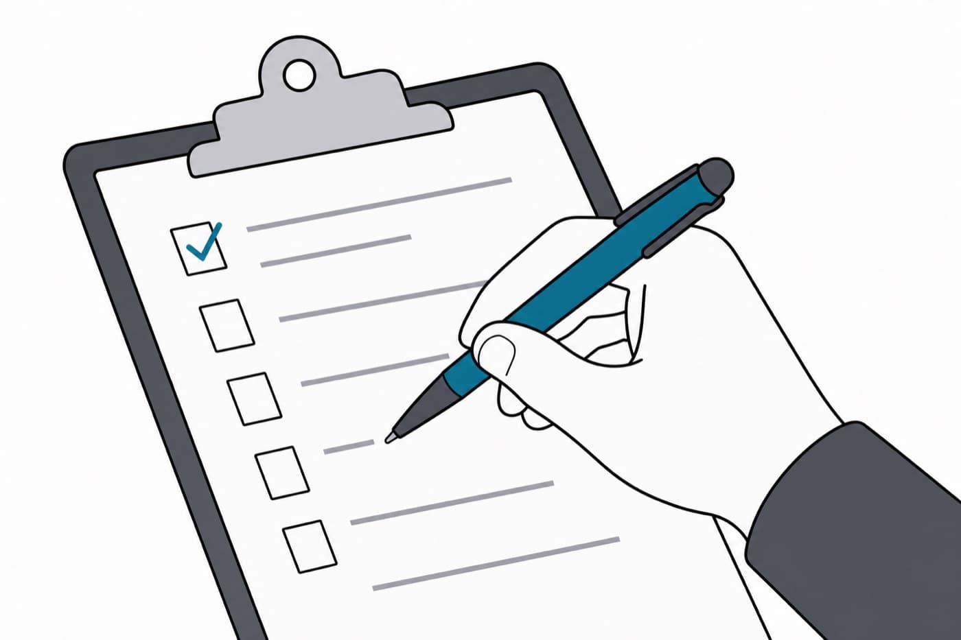 A flat illustration cropped close on one hand holding a pen above a clipboard, about to mark one of a column of empty tick boxes.