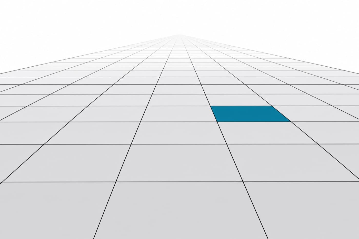 A flat illustration of a ruled table lying flat and receding into the distance in one point perspective, one cell several rows back filled in.