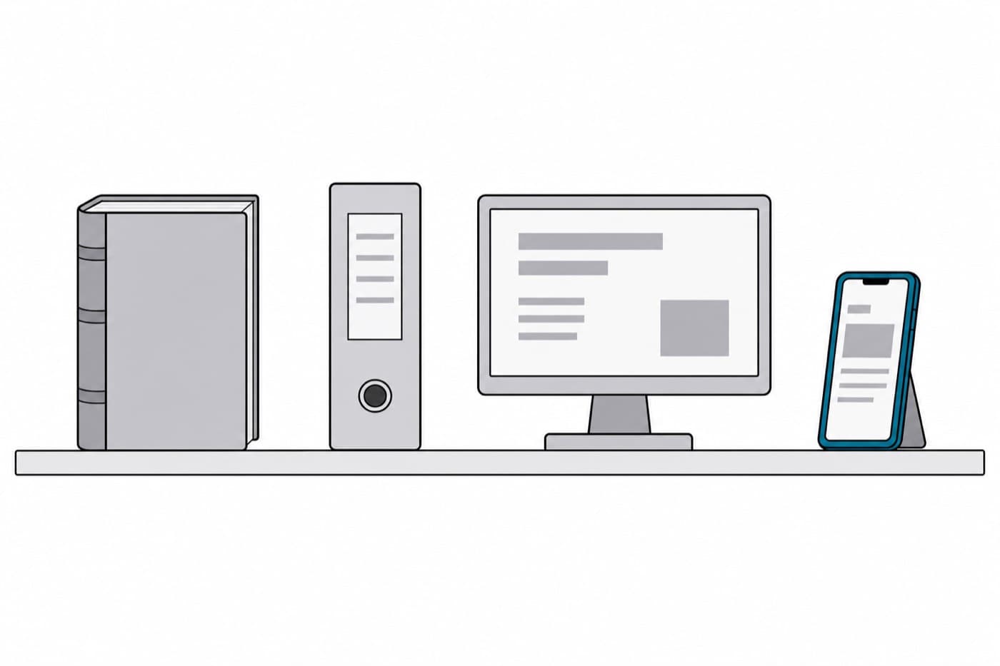 A flat illustration of four objects standing in a row on a shelf: a hardbound ledger, a ring binder, a desktop monitor and a phone.