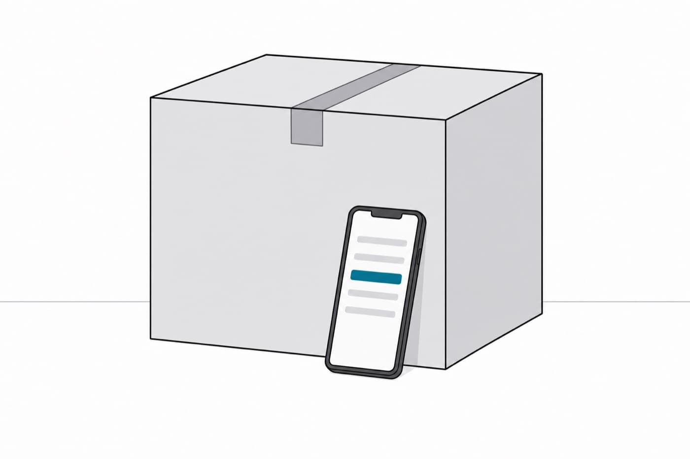 A flat illustration of a phone propped upright against the side of a cardboard carton on the floor, with nobody in the frame.