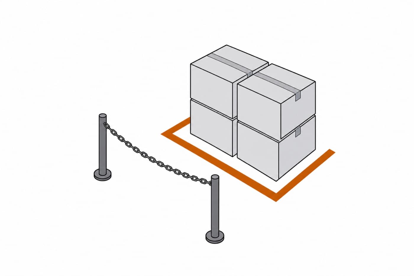A flat illustration seen from a high angle of four cartons stacked inside an area marked off by a painted line and a chain between two posts.