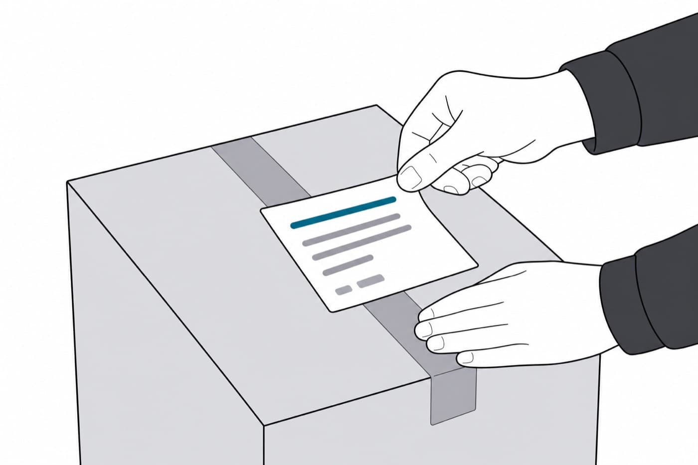 A flat illustration cropped close on two hands pressing a label flat onto the top of a carton.