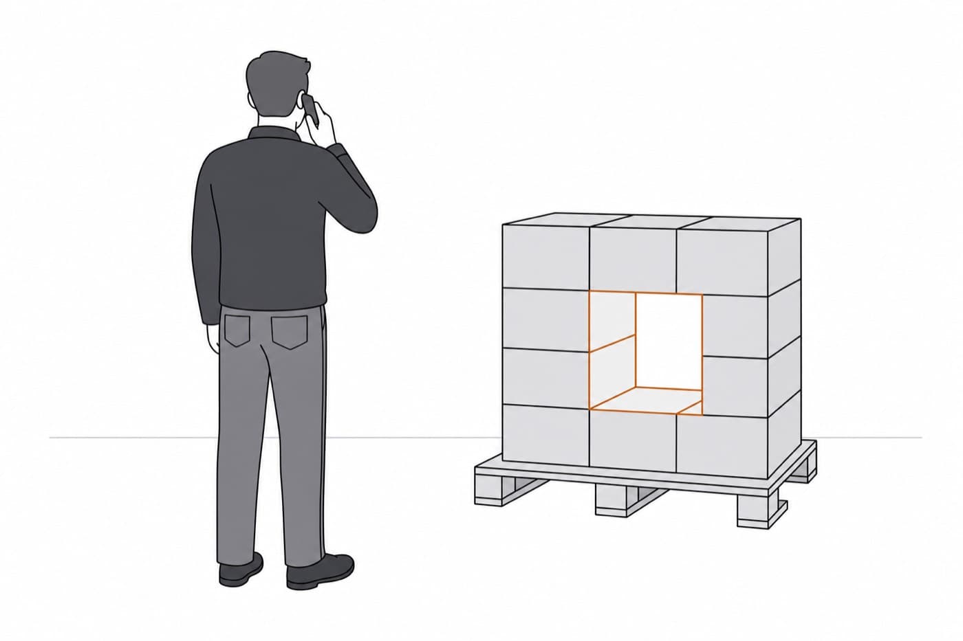 A flat illustration seen from behind of a person on the phone facing a pallet with an obvious rectangular gap in the stacked cartons.