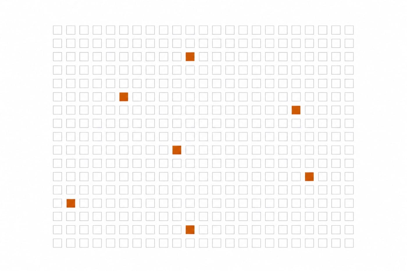A flat illustration of a grid of small squares arranged in rows, most left blank and a scattered few filled in solid.