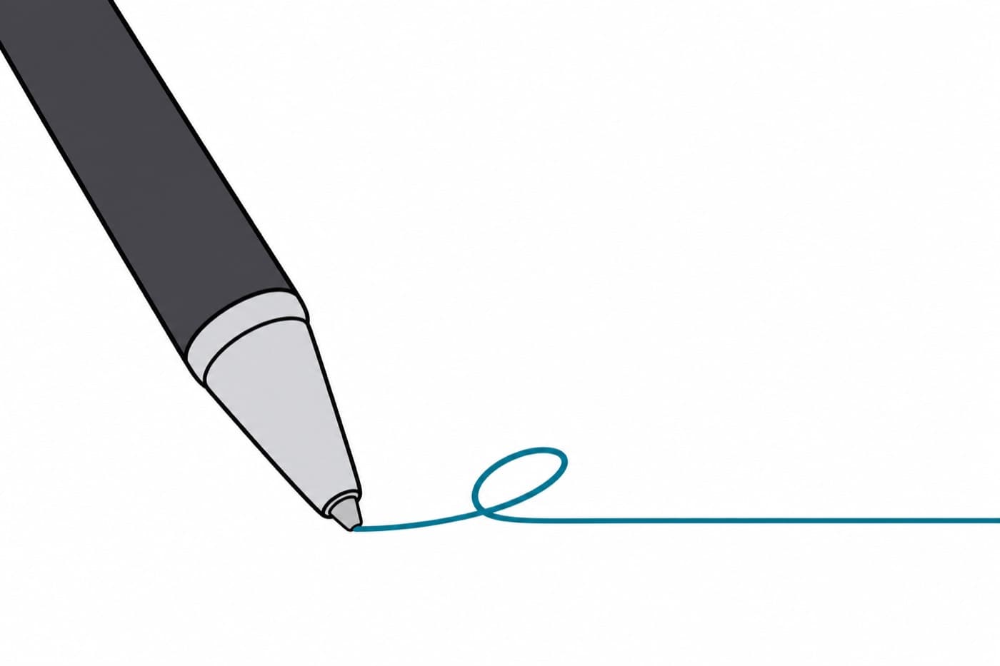 A flat illustration in extreme close-up of a pen tip touching a ruled line, a small looped mark already trailing behind it.