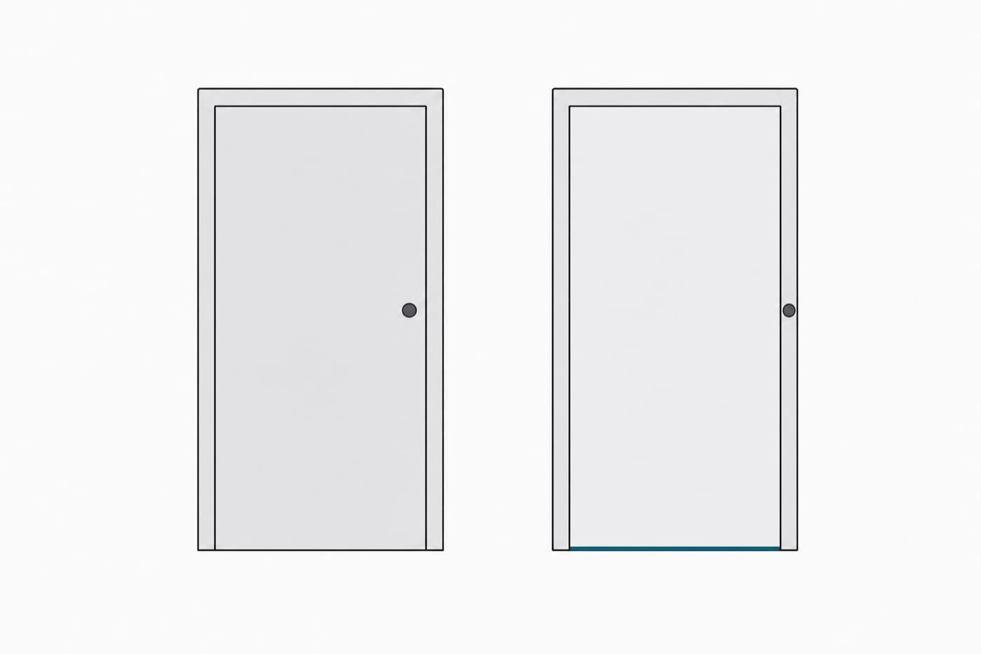 A flat illustration of two identical doorways in a plain wall, the left one closed and the right one standing open.