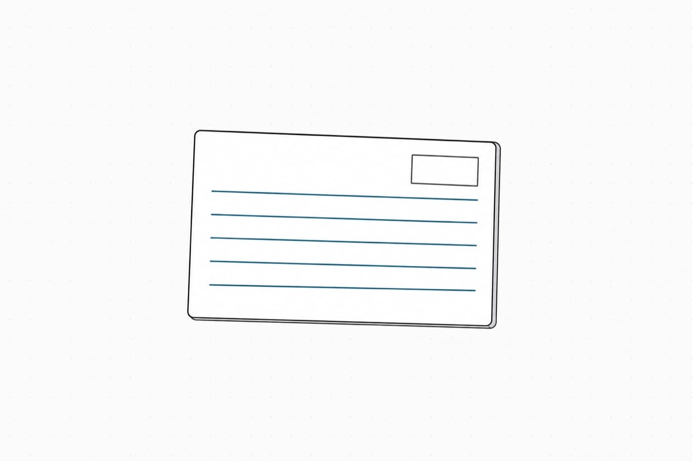 A flat illustration of a single plain index card seen at a slight angle, its face carrying five empty ruled lines and one small blank box in the upper corner.