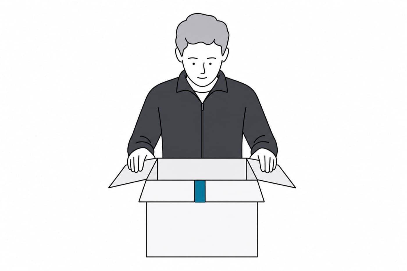 A flat illustration of a person seen from the front, both hands on the folded-back flaps of an open carton, looking down into it.