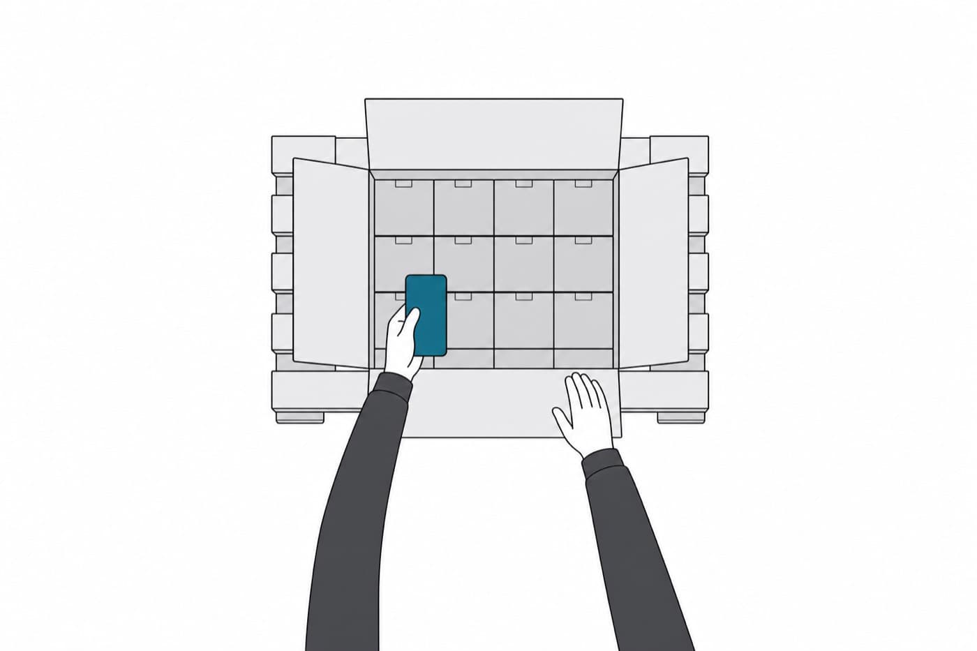 A flat illustration seen from above: two forearms reach into frame over an open carton on a pallet, one hand holding a phone above rows of boxed parts.