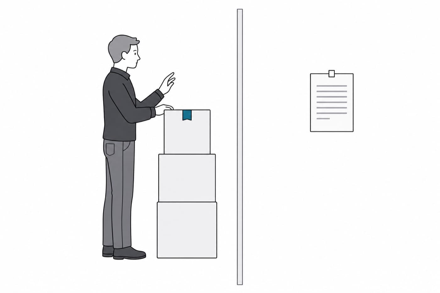 A flat illustration of a person in profile counting a stack of cartons, with a tall partition between them and a sheet of paper hanging out of sight on the other side.