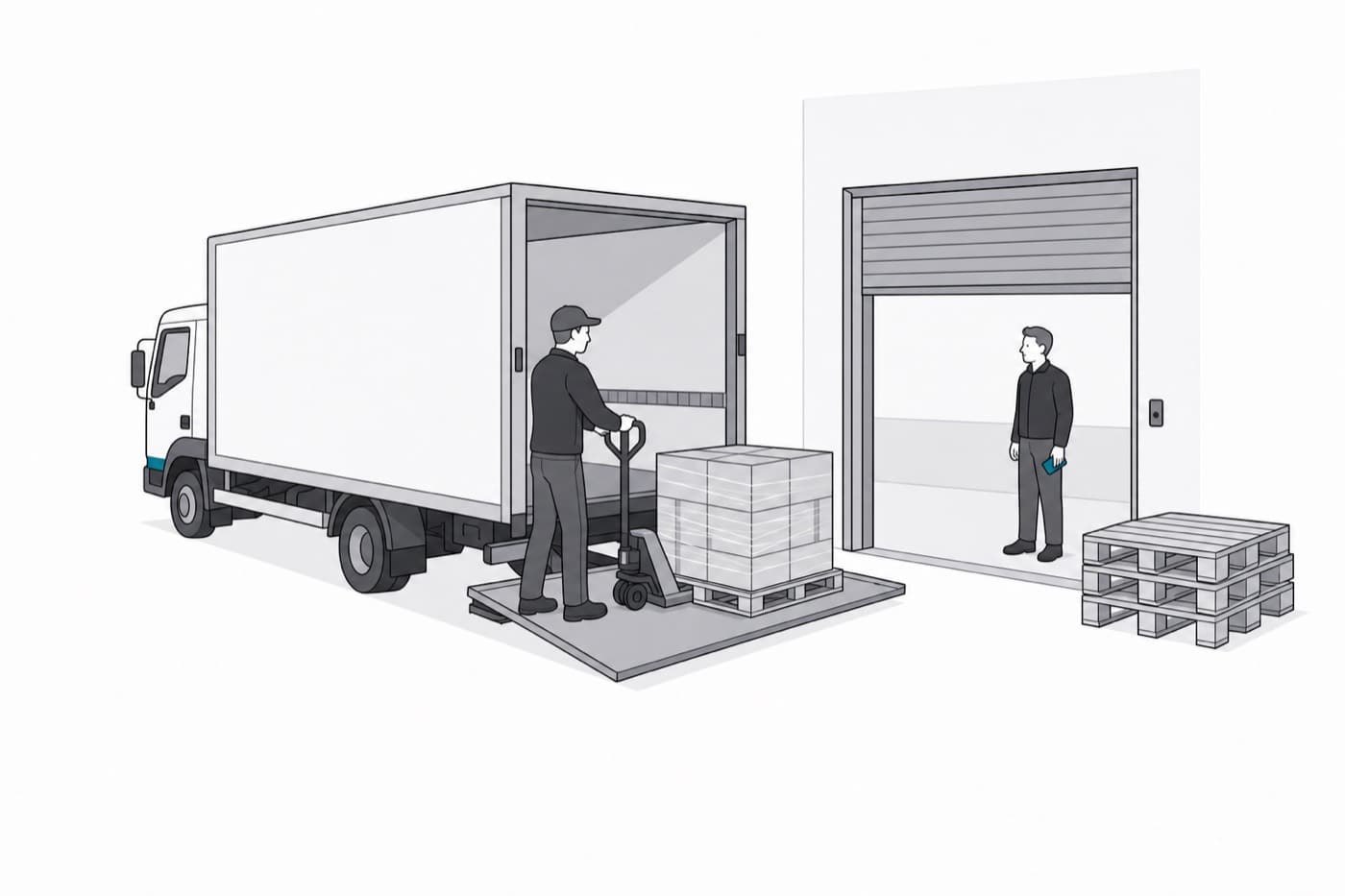 A flat illustration of a box van backed up to an open roller door, a driver wheeling a shrink-wrapped pallet down the tail lift, and a receiver waiting just inside with a phone at his side.