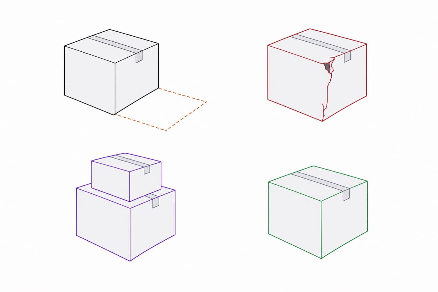 A flat illustration of four cartons in a two by two grid: one with a gap beside it, one split open, one with an extra box stacked on top, one complete and square.