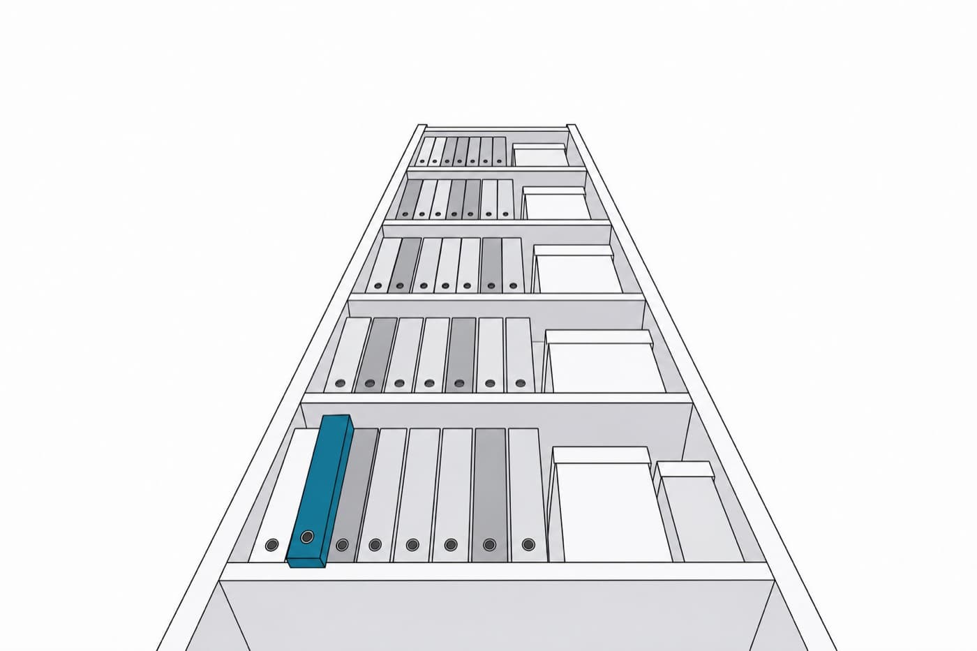 A flat illustration looking steeply up the face of a tall shelf of ring binders and archive boxes, one binder pulled slightly proud of the rest.