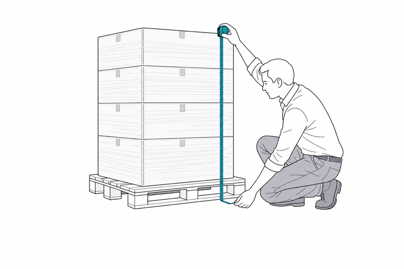 A flat line illustration of a person crouching beside a shrink-wrapped stack of cartons on a wooden pallet, holding a tape measure whose blade runs down the side of the load and continues past the cartons to the floor, measuring the pallet as well as the goods.