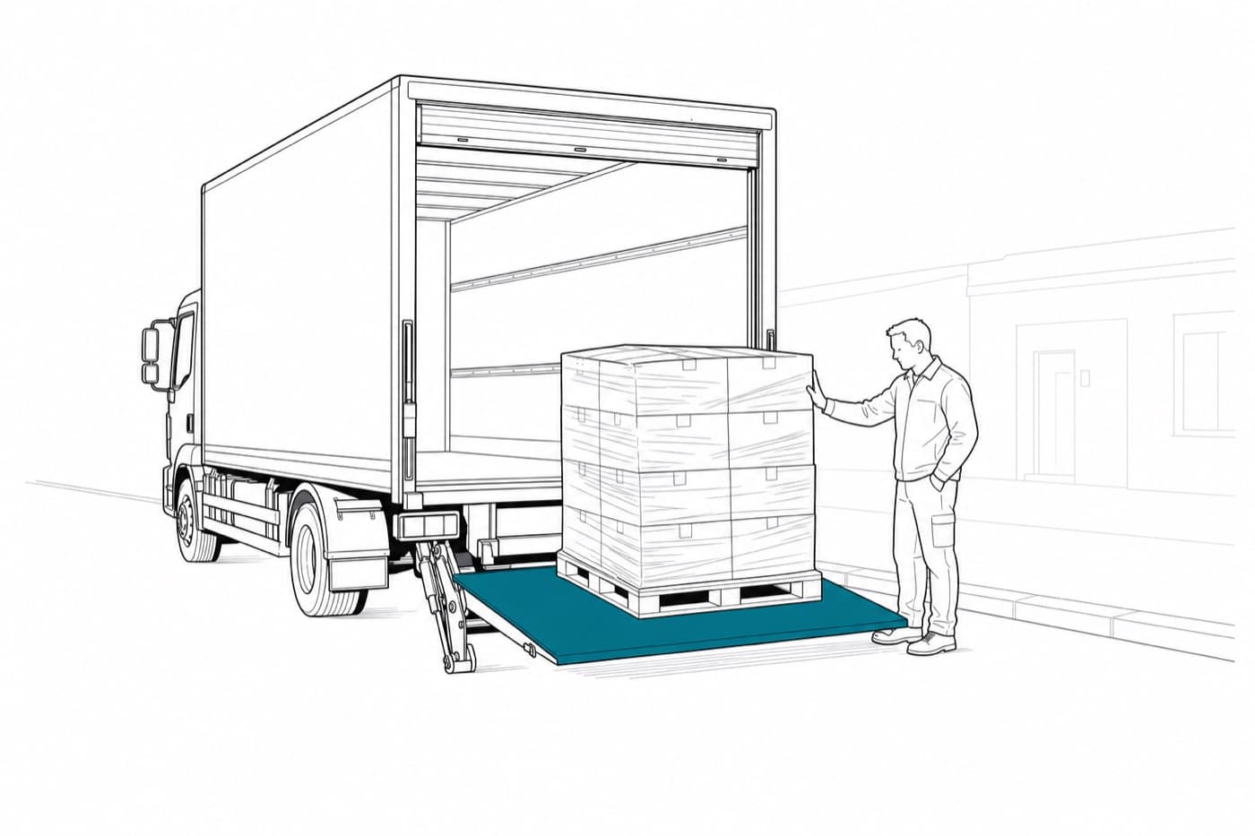 A flat line illustration of a box truck parked at a kerb with its rear door up, a tail lift platform lowered part way to the pavement carrying one shrink-wrapped pallet, and the driver standing beside it steadying the load.