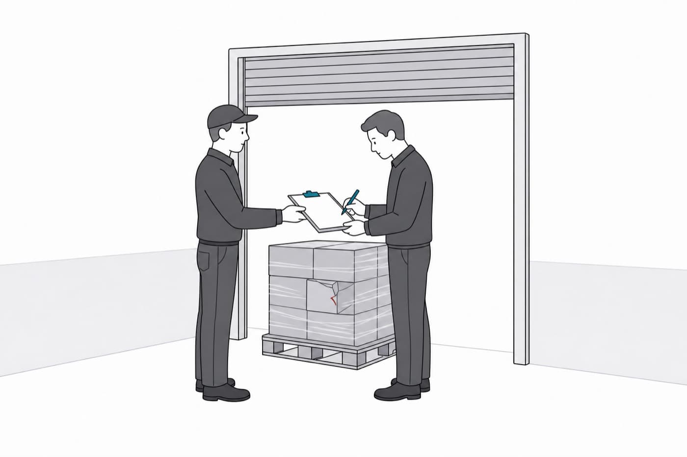 A flat illustration of a driver holding out a clipboard while the receiver writes on the delivery note, a shrink-wrapped pallet with one dented carton between them.