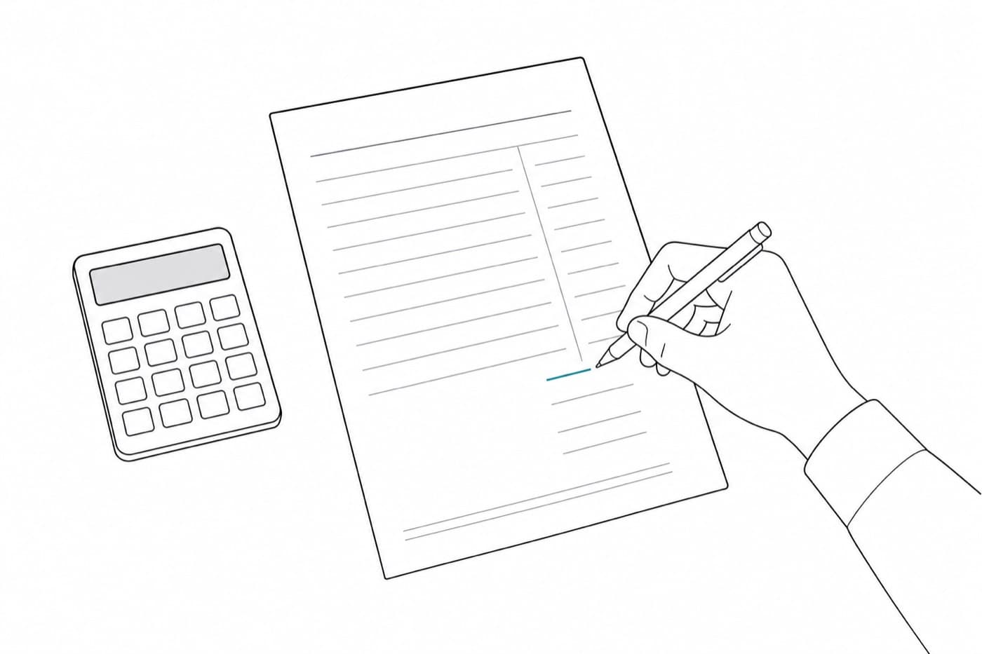A flat line illustration of a printed invoice lying on a desk beside a plain calculator, with a hand holding a pen having just drawn a single short teal underline beneath one row of charges.